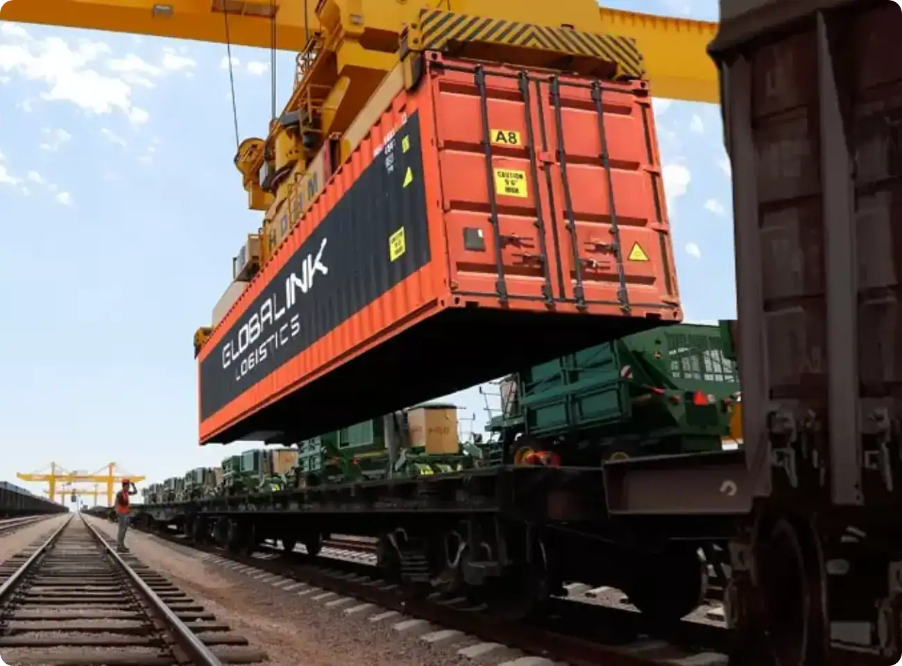 Trident Pontoons vessel being transported by rail for shipping or delivery